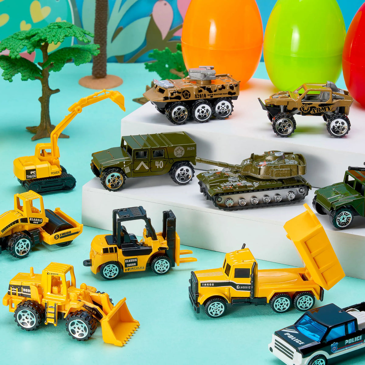 12 Prefilled Easter Eggs with Die-Cast Vehicles for Kids Easter Hunt Party Favors