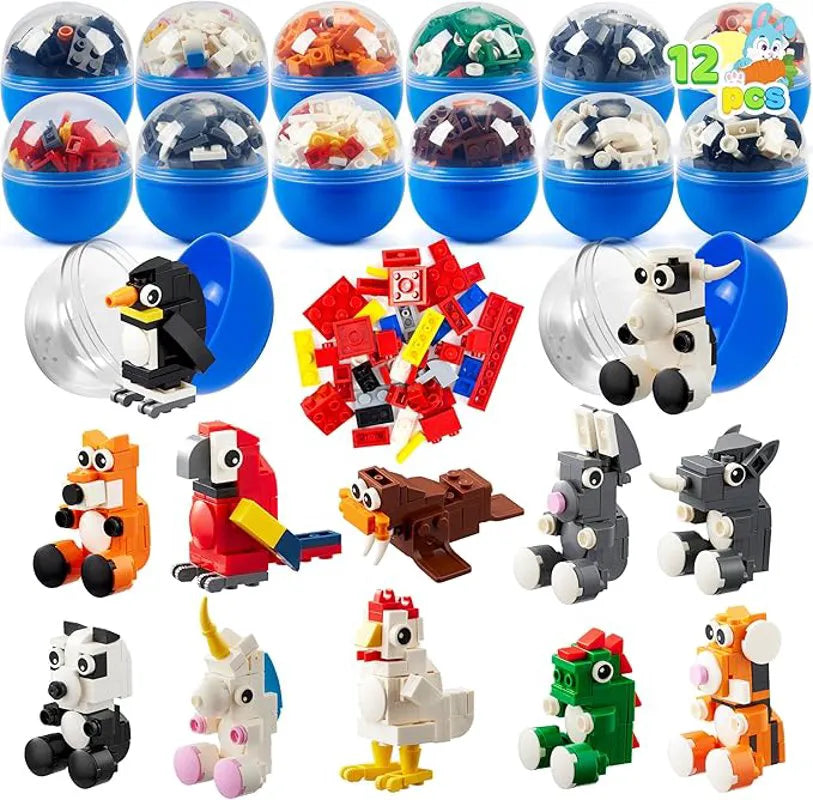 12 Pcs Easter Eggs with Animal Building Blocks for Kids Party & Hunt