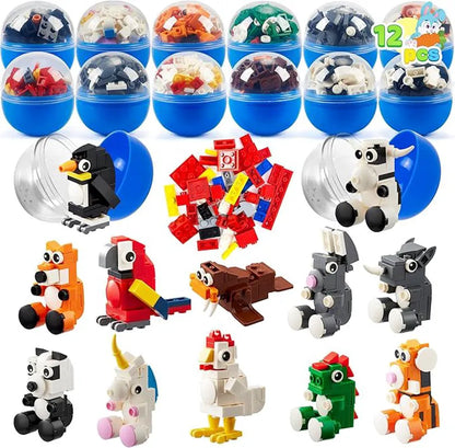 12 Pcs Easter Eggs with Animal Building Blocks for Kids Party & Hunt