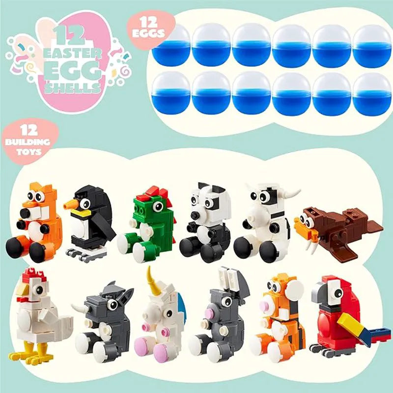 12 Pcs Easter Eggs with Animal Building Blocks for Kids Party & Hunt