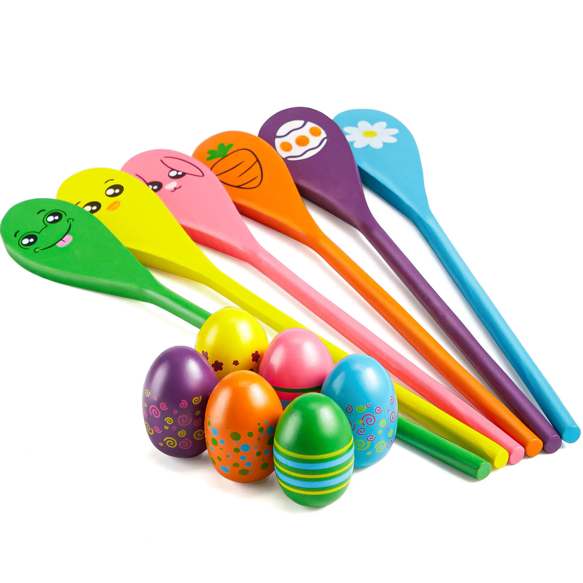 12 Pcs Egg and Spoon Race Game Set - Wooden Colorful Outdoor Party Supplies