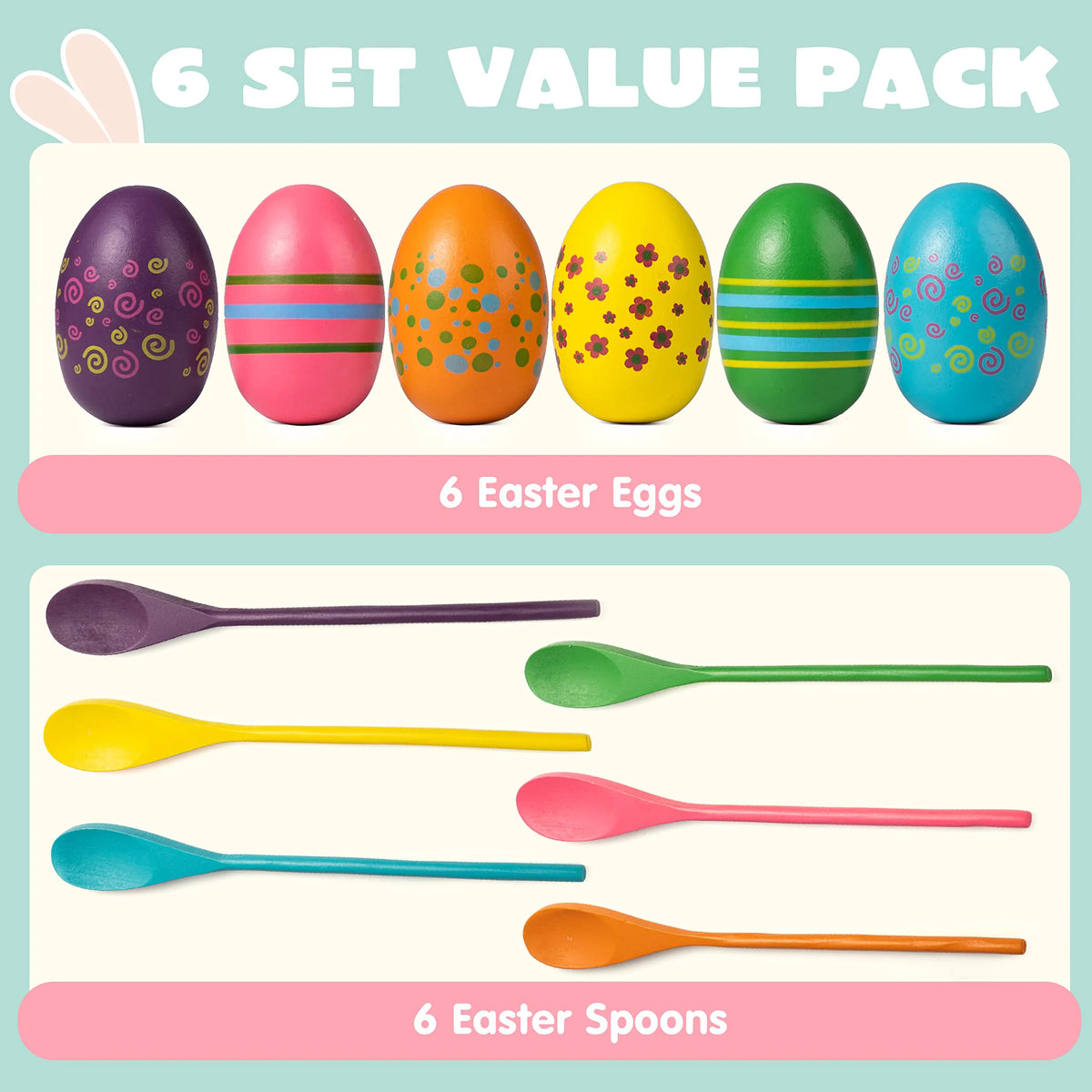 12 Pcs Egg and Spoon Race Game Set - Wooden Colorful Outdoor Party Supplies
