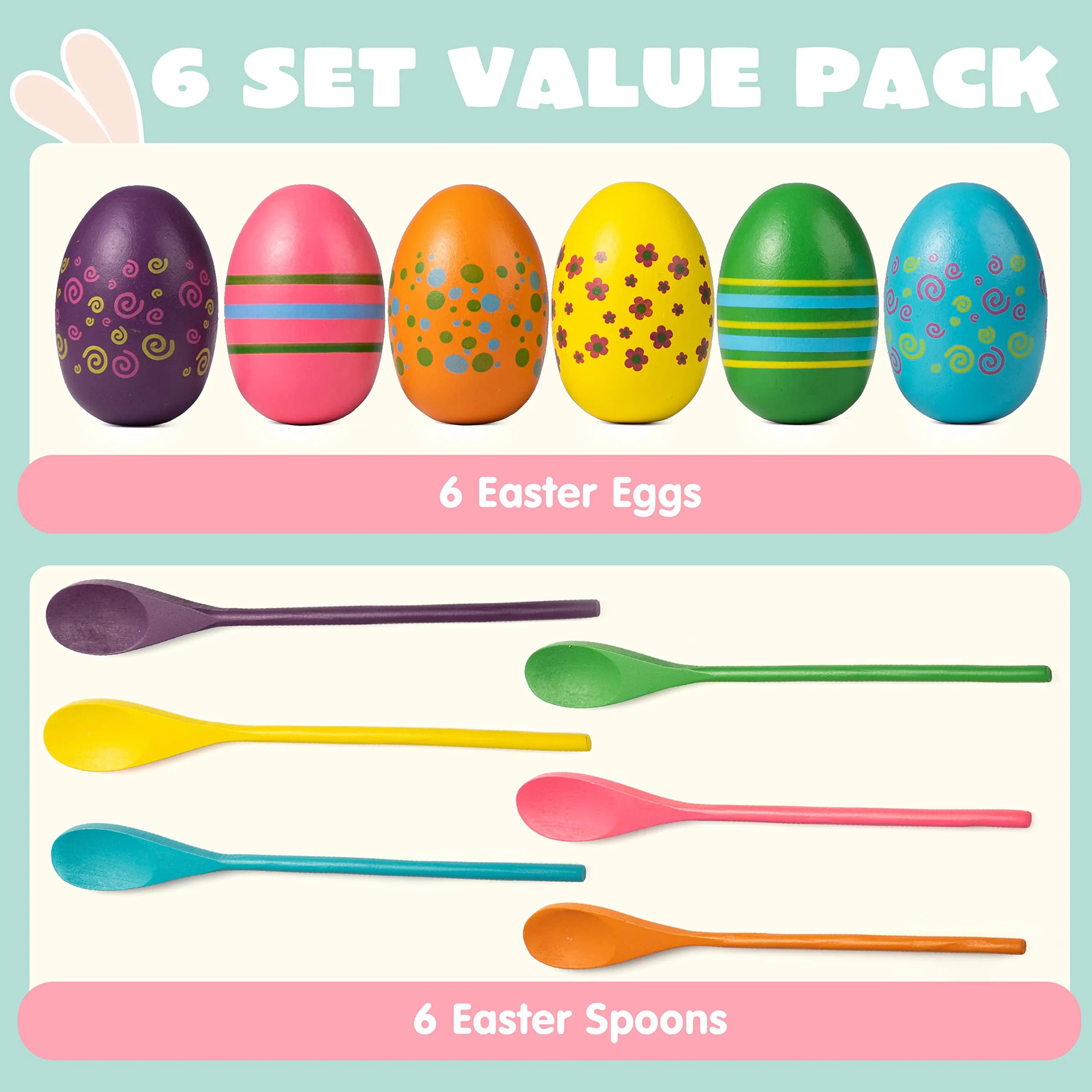12 Pcs Egg and Spoon Race Game Set - Wooden Colorful Outdoor Party Supplies