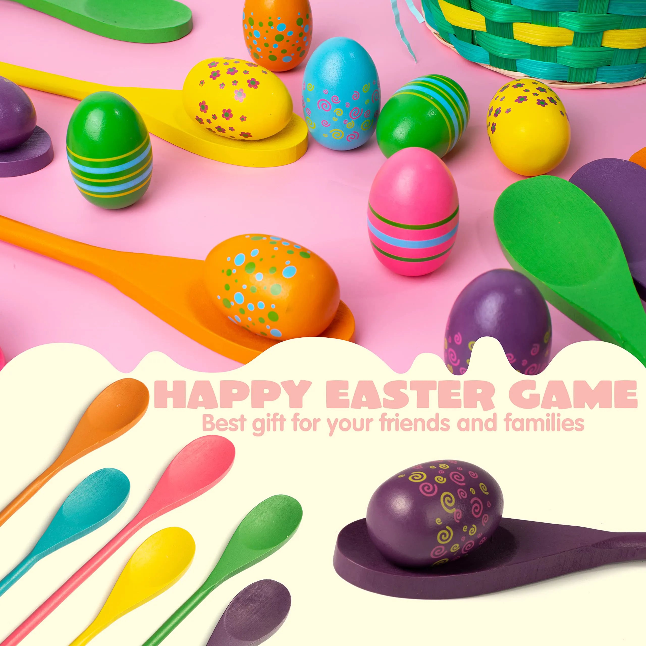 12 Pcs Egg and Spoon Race Game Set - Wooden Colorful Outdoor Party Supplies