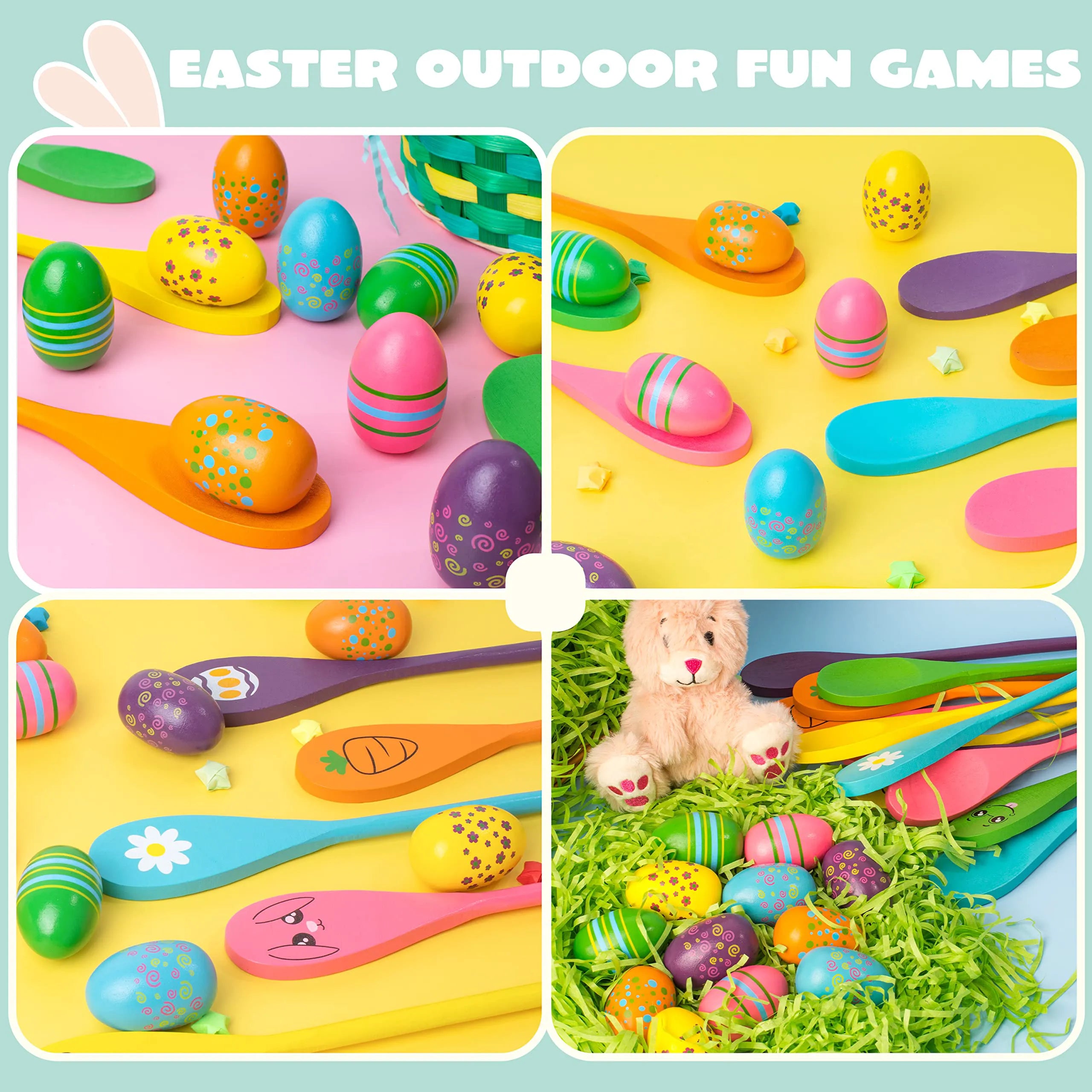 12 Pcs Egg and Spoon Race Game Set - Wooden Colorful Outdoor Party Supplies