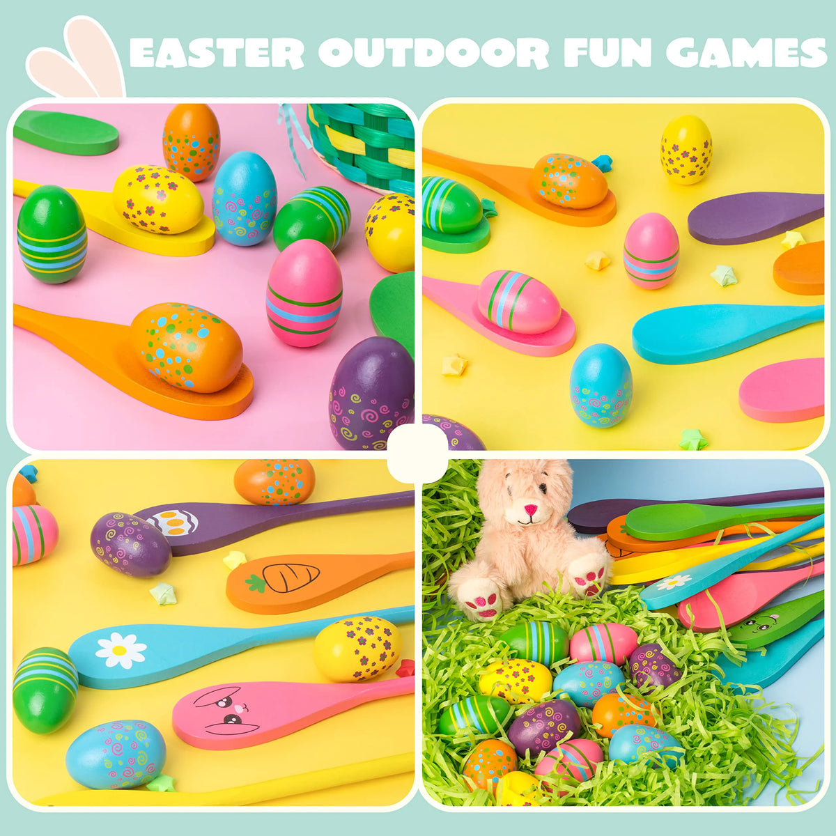 12 Pcs Egg and Spoon Race Game Set - Wooden Colorful Outdoor Party Supplies