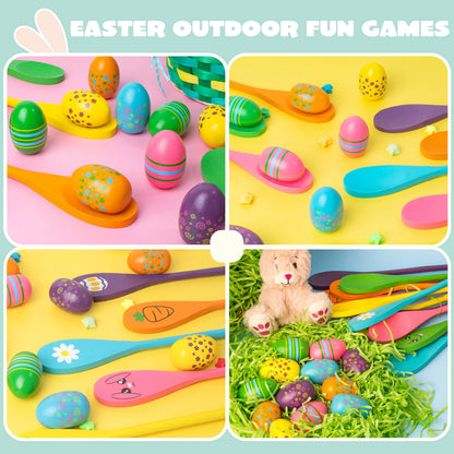 12 Pcs Egg and Spoon Race Game Set - Wooden Colorful Outdoor Party Supplies