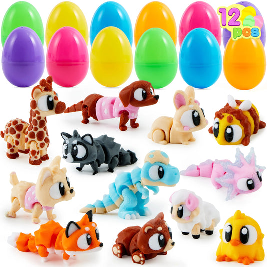 12 Pcs Prefilled Eggs with 3D Printed Big Eye Animal Toys for Kids Party Favors