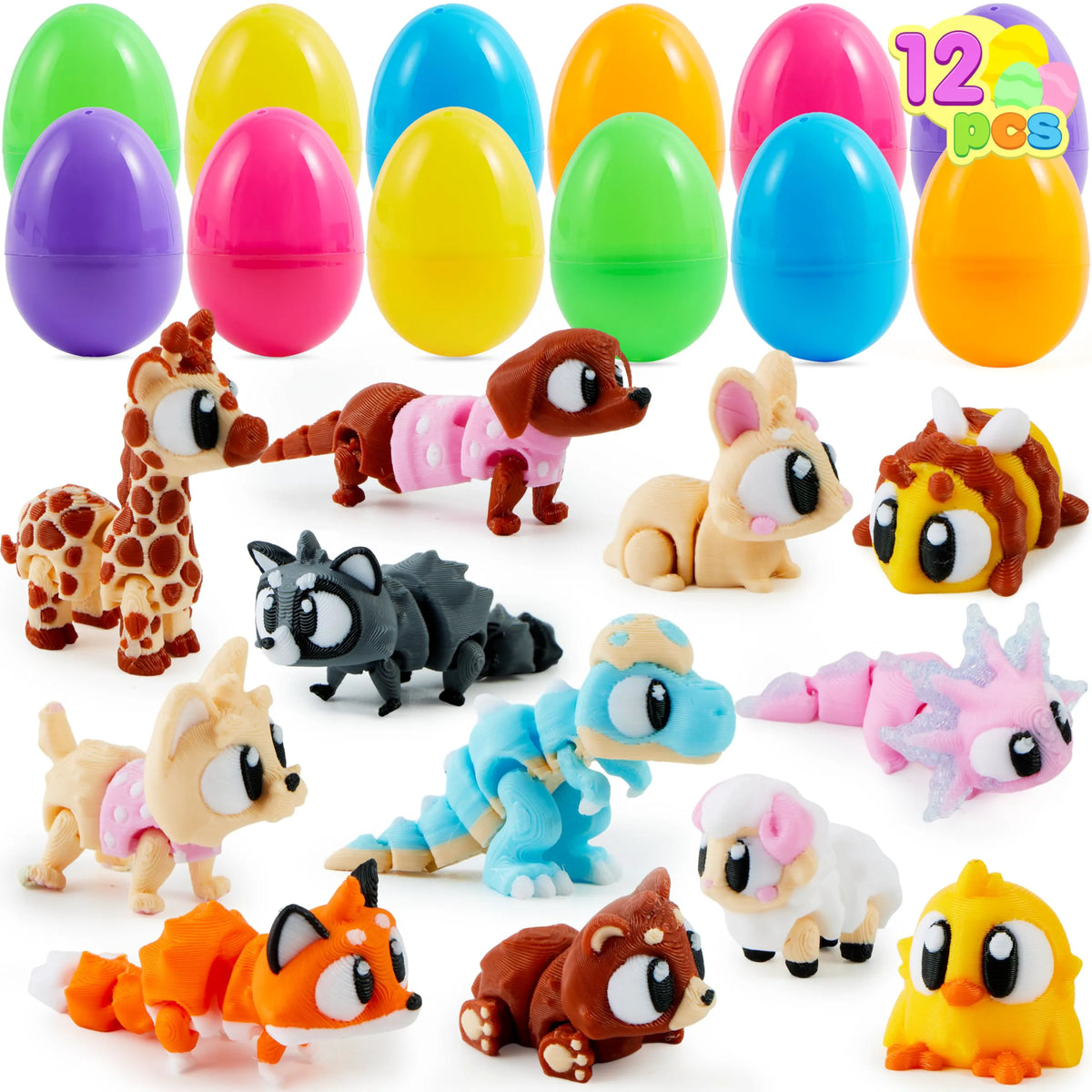12 Pcs Prefilled Eggs with 3D Printed Big Eye Animal Toys for Kids Party Favors