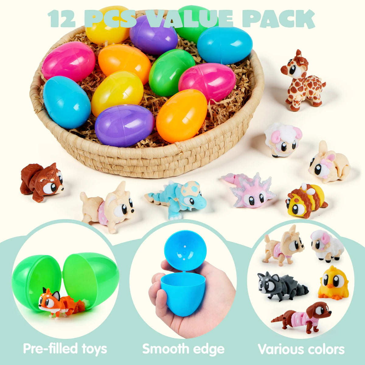 12 Pcs Prefilled Eggs with 3D Printed Big Eye Animal Toys for Kids Party Favors