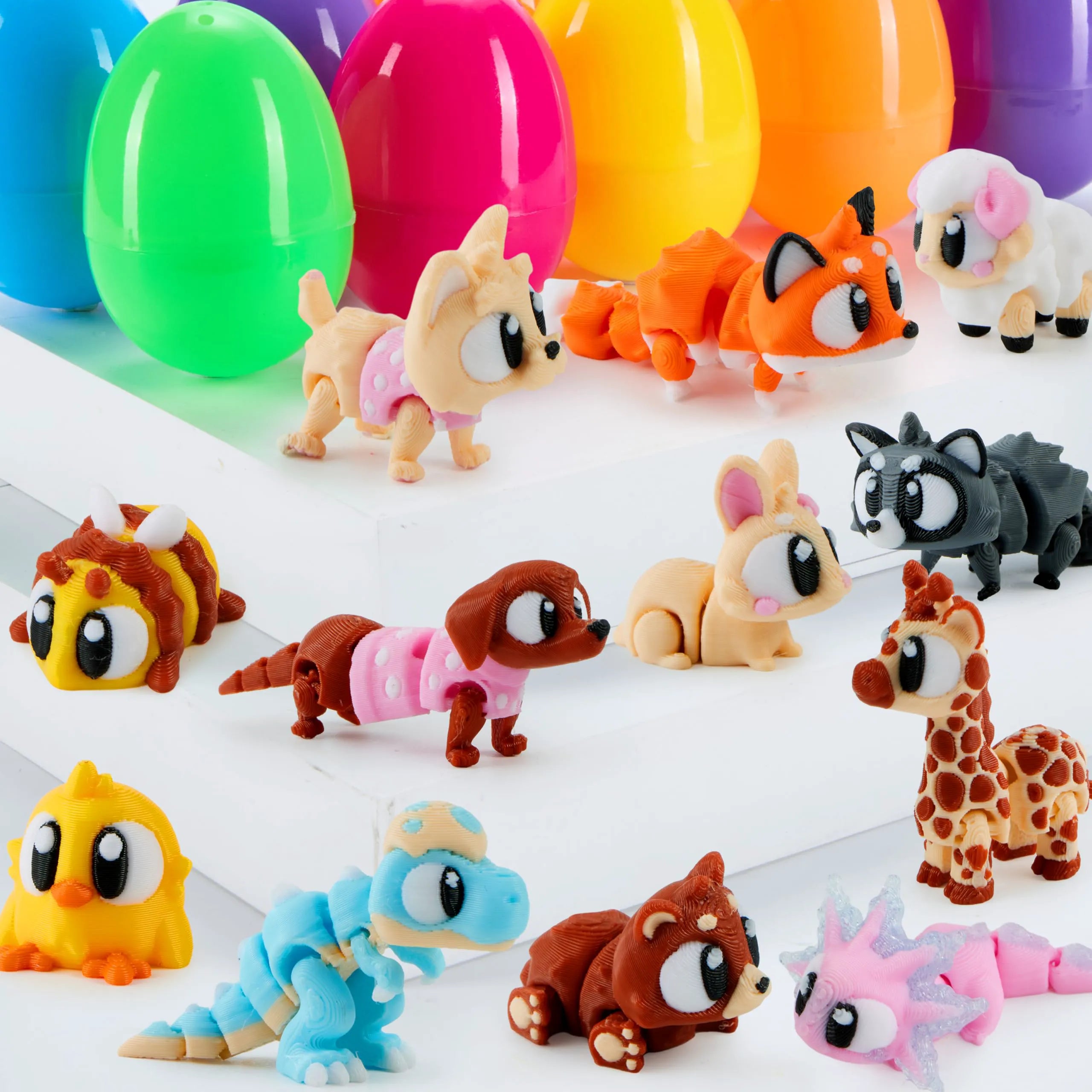 12 Pcs Prefilled Eggs with 3D Printed Big Eye Animal Toys for Kids Party Favors