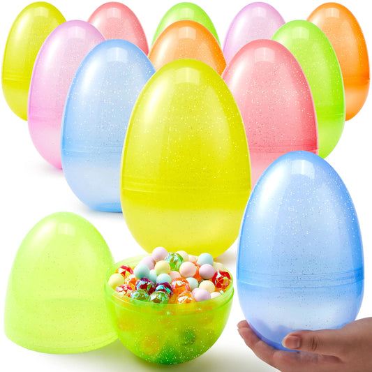 12 Jumbo Clear Glitter Plastic Easter Eggs - Fillable for Hunt, Basket Stuffers
