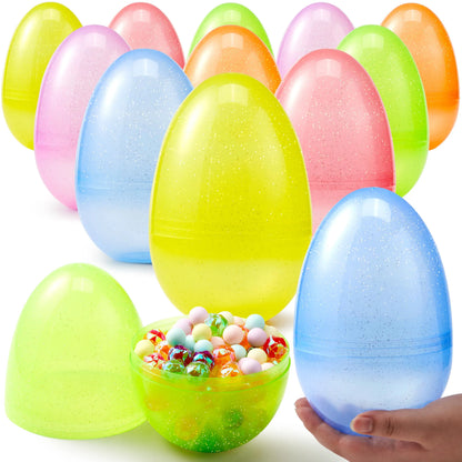 12 Jumbo Clear Glitter Plastic Easter Eggs - Fillable for Hunt, Basket Stuffers
