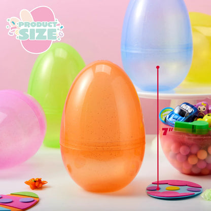 12 Jumbo Clear Glitter Plastic Easter Eggs - Fillable for Hunt, Basket Stuffers