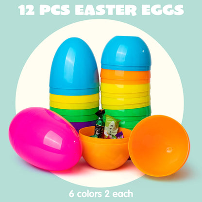 12 Jumbo Plastic Easter Eggs - Bright Colors for Egg Hunts & Basket Stuffers