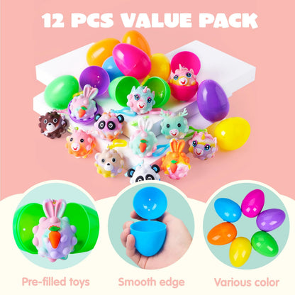 12 Pre-Filled Easter Eggs with Animal Pop Balls for Kids Easter Egg Hunt
