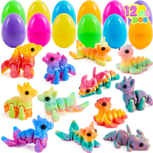 12 Prefilled Easter Eggs with 3D Articulated Fantasy Animal Toys, Party Favors for Kids