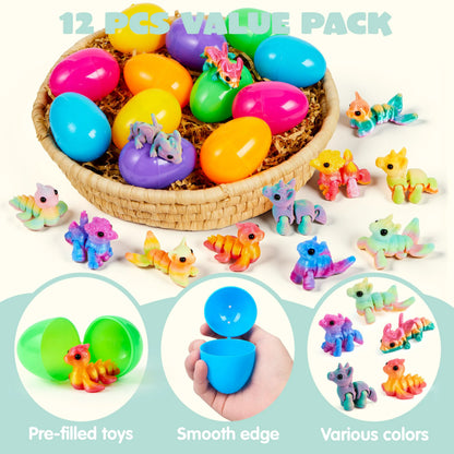 12 Prefilled Easter Eggs with 3D Articulated Fantasy Animal Toys, Party Favors for Kids