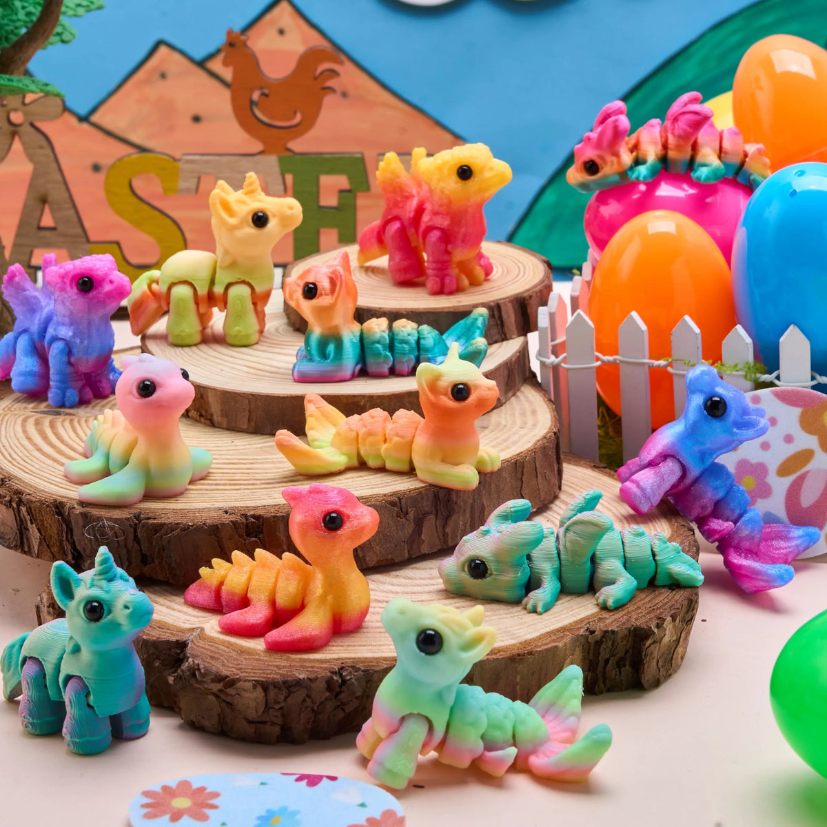 12 Prefilled Easter Eggs with 3D Articulated Fantasy Animal Toys, Party Favors for Kids