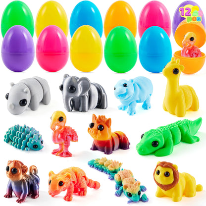 12 Prefilled Easter Eggs with 3D Articulated Wild Animals for Party Favors & Classroom Prizes