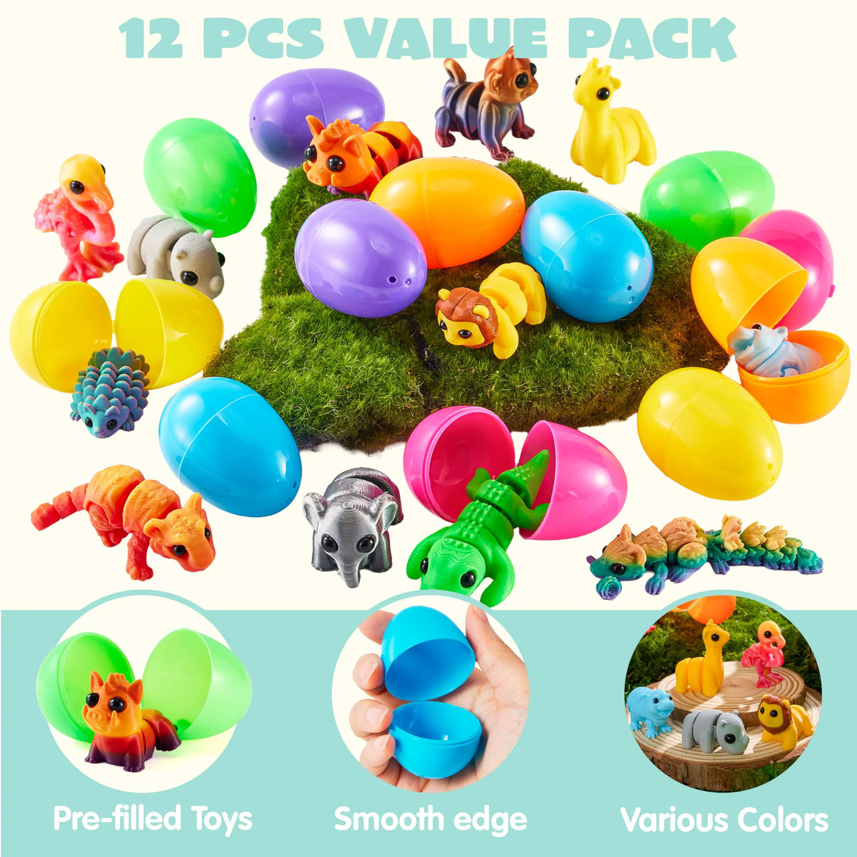 12 Prefilled Easter Eggs with 3D Articulated Wild Animals for Party Favors & Classroom Prizes