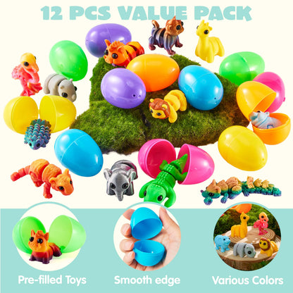 12 Prefilled Easter Eggs with 3D Articulated Wild Animals for Party Favors & Classroom Prizes