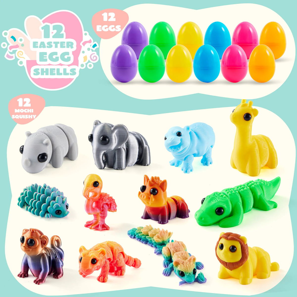 12 Prefilled Easter Eggs with 3D Articulated Wild Animals for Party Favors & Classroom Prizes