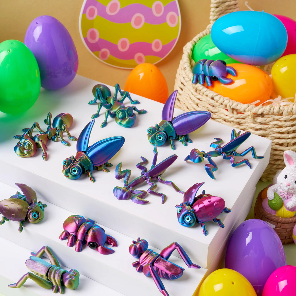 12 Prefilled Easter Eggs with 3D Printed Insect Toys