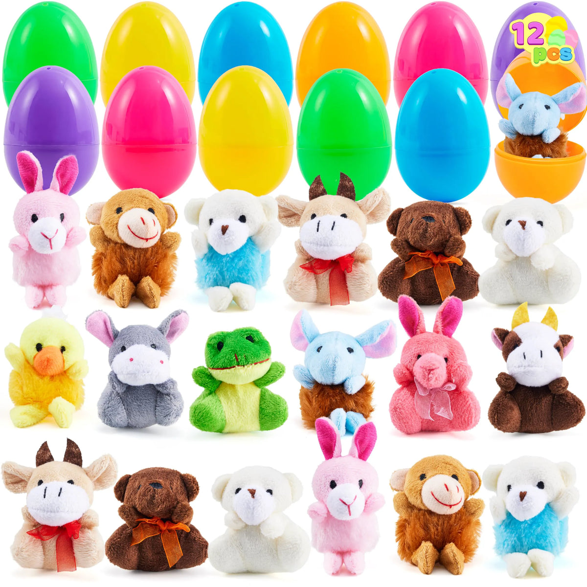 12 Prefilled Easter Eggs with Plush Toys for Egg Hunt, Party Favors & Classroom Prizes