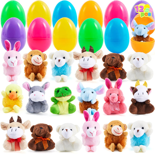 12 Prefilled Easter Eggs with Plush Toys for Egg Hunt, Party Favors & Classroom Prizes