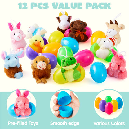 12 Prefilled Easter Eggs with Plush Toys for Egg Hunt, Party Favors & Classroom Prizes