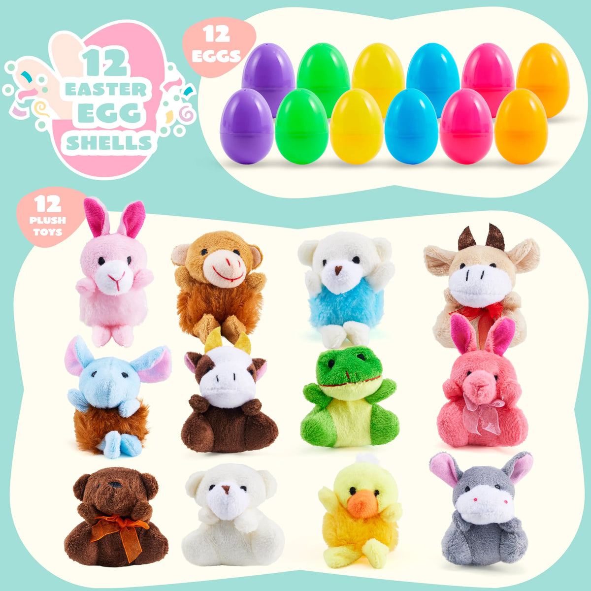 12 Prefilled Easter Eggs with Plush Toys for Egg Hunt, Party Favors & Classroom Prizes