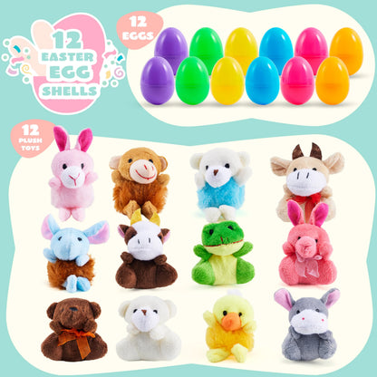 12 Prefilled Easter Eggs with Plush Toys for Egg Hunt, Party Favors & Classroom Prizes