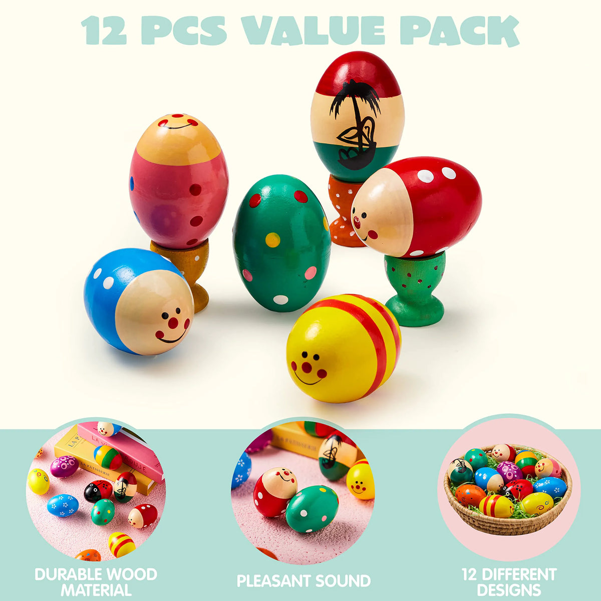 12 Wooden Egg Shakers Maracas for Party & Classroom