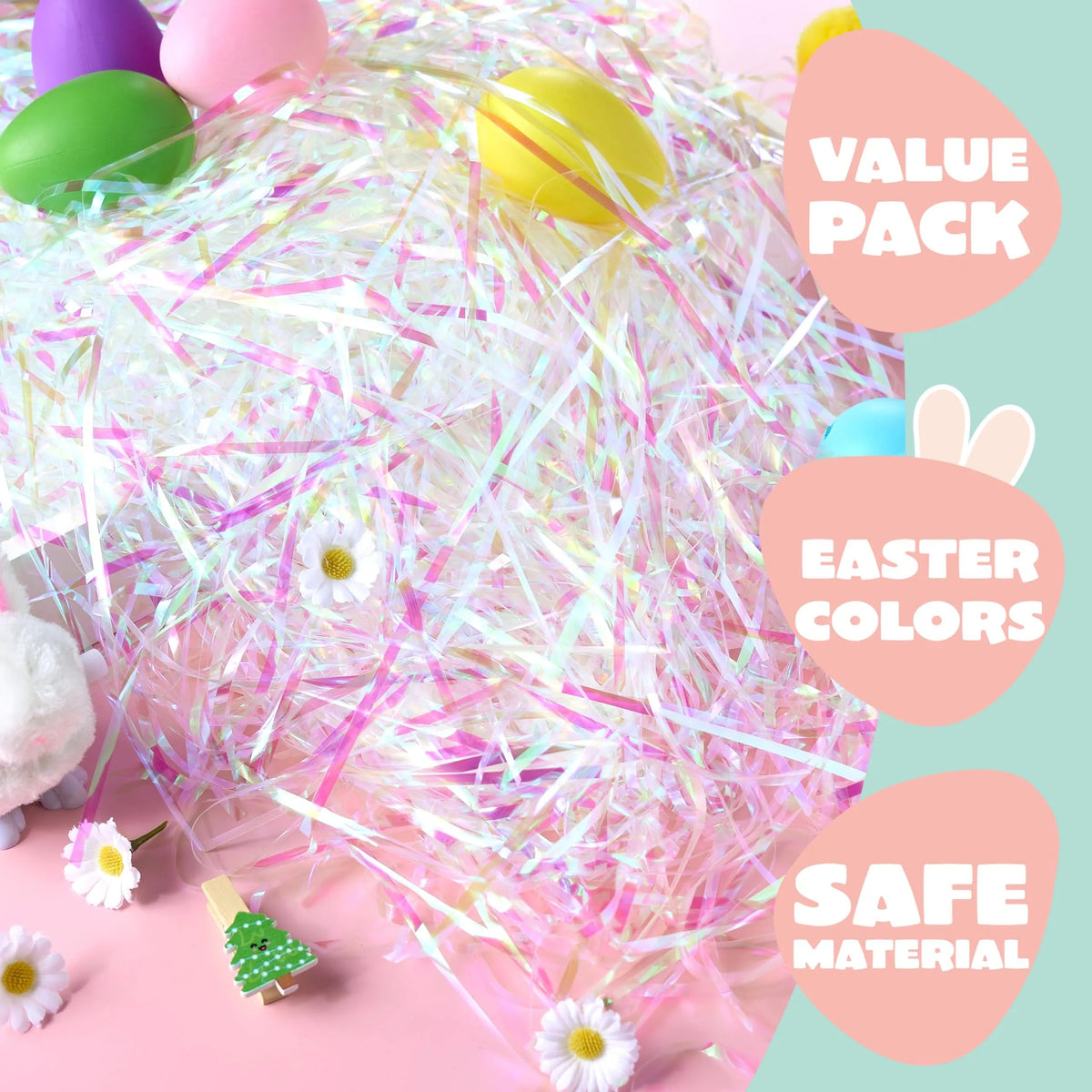 12oz (340g) Easter Iridescent Plastic Grass - Sparkly Shredded Paper for Easter Egg Hunt