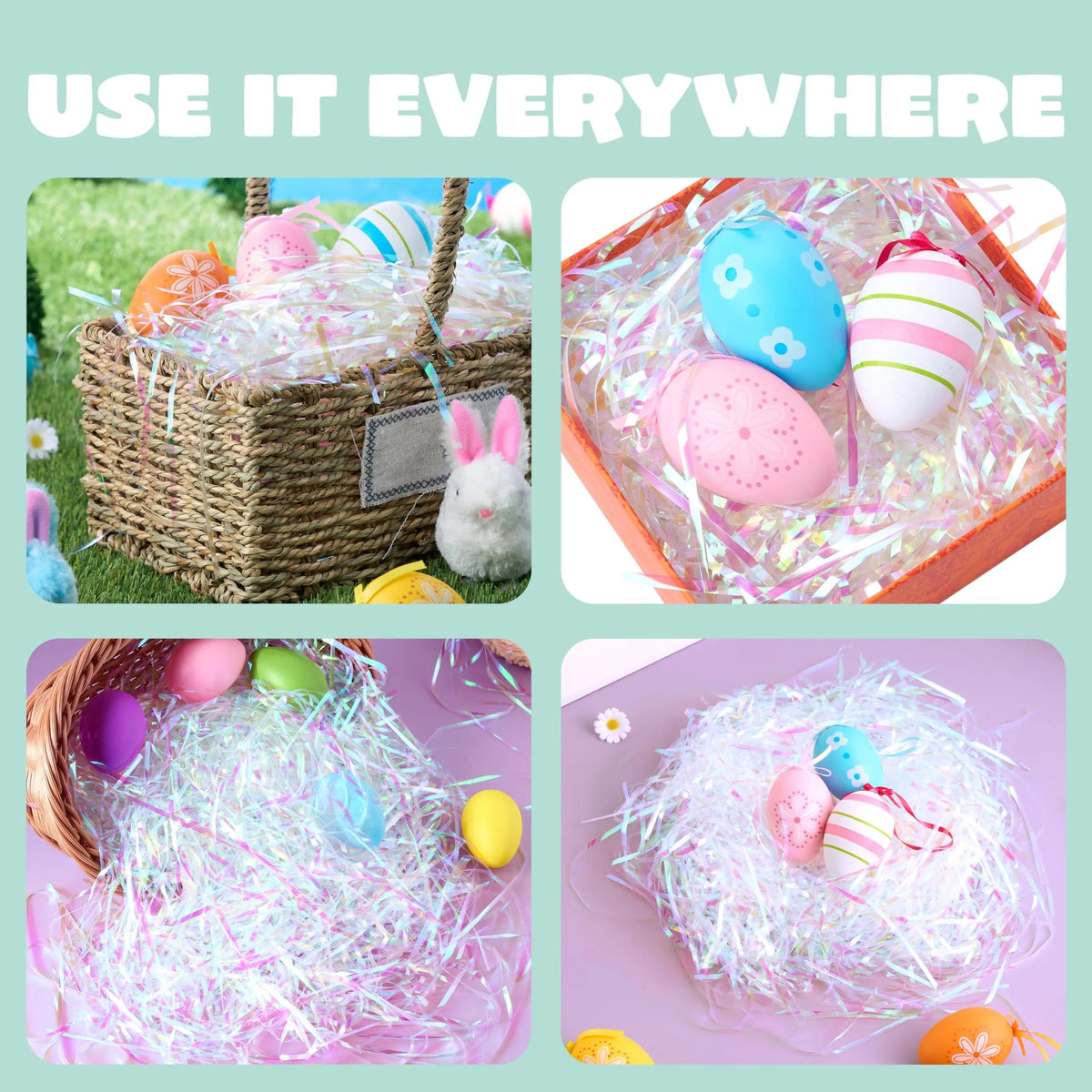 12oz (340g) Easter Iridescent Plastic Grass - Sparkly Shredded Paper for Easter Egg Hunt