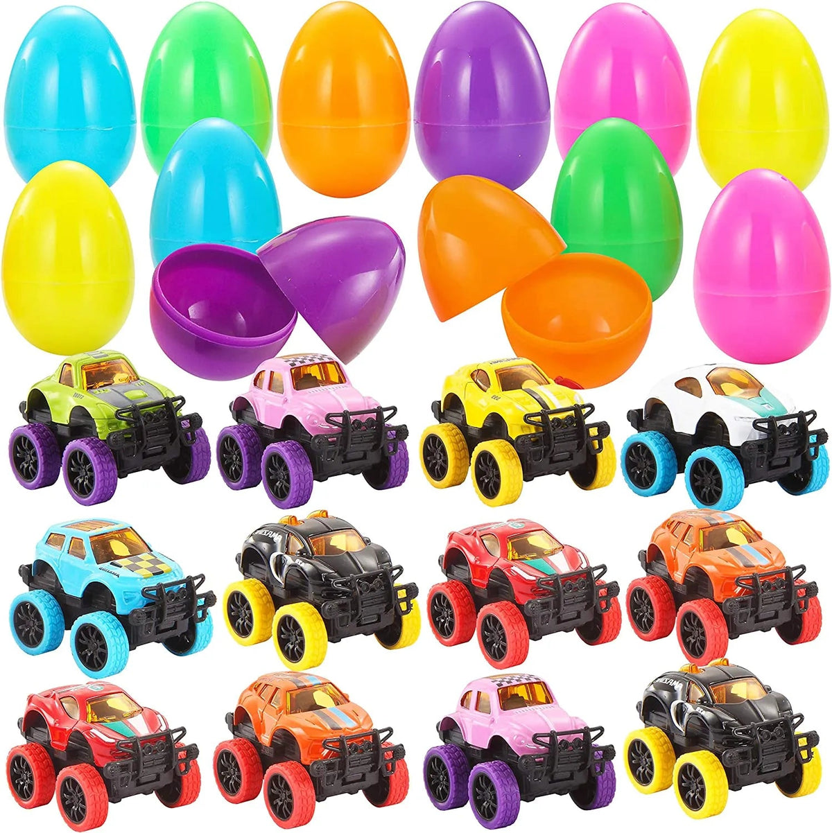 12-Pack 3.8-Inch Monster Pullback Cars in Prefilled Easter Eggs