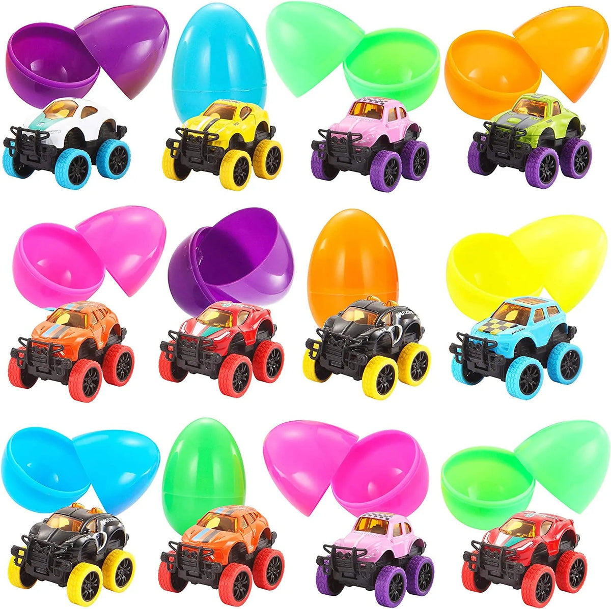 12-Pack 3.8-Inch Monster Pullback Cars in Prefilled Easter Eggs