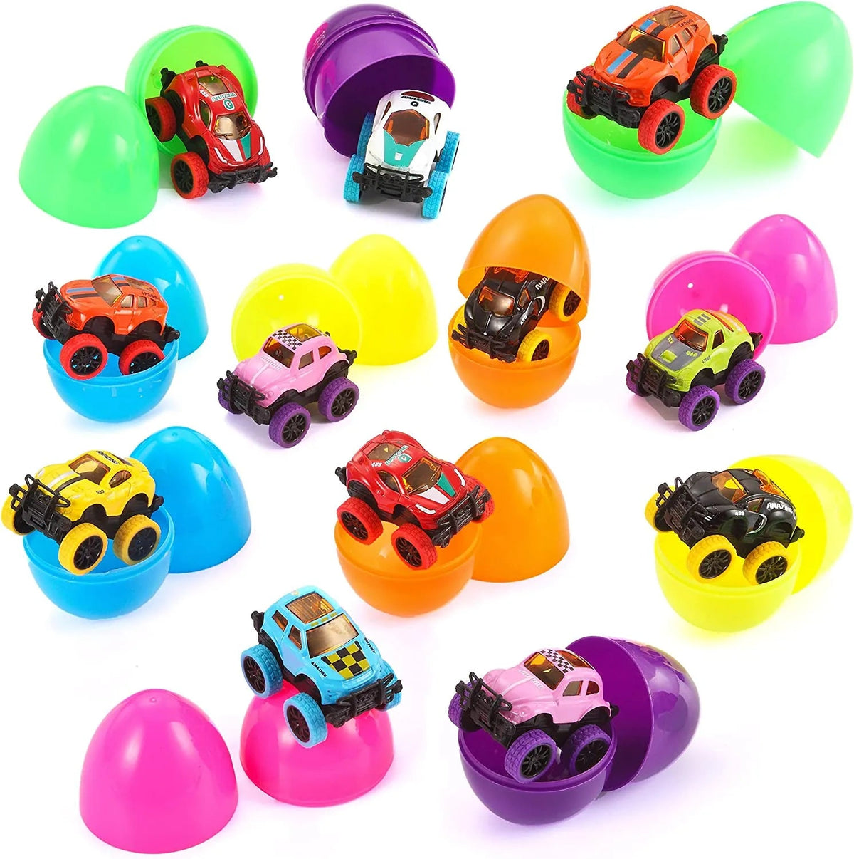 12-Pack 3.8-Inch Monster Pullback Cars in Prefilled Easter Eggs