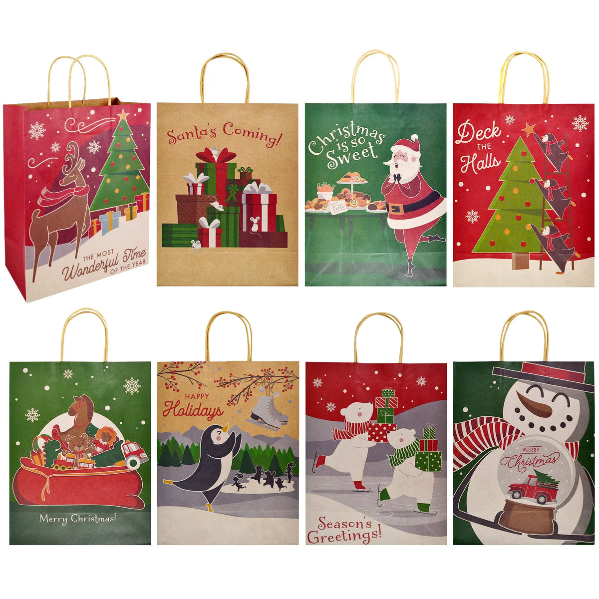 8 Christmas-Themed Colorful Drawstring Gift Bags, 24-Pack