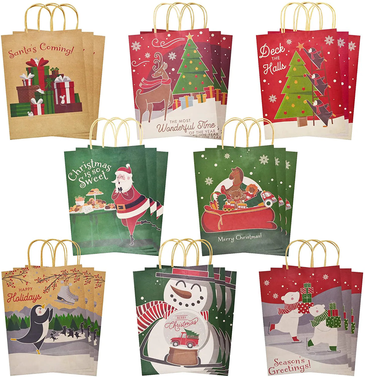 8 Christmas-Themed Colorful Drawstring Gift Bags, 24-Pack