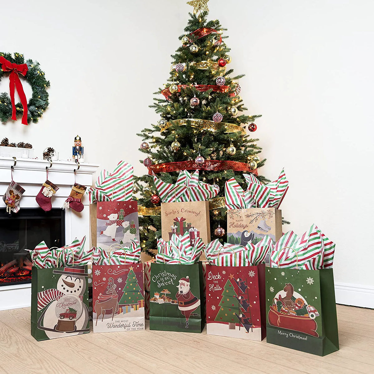 8 Christmas-Themed Colorful Drawstring Gift Bags, 24-Pack
