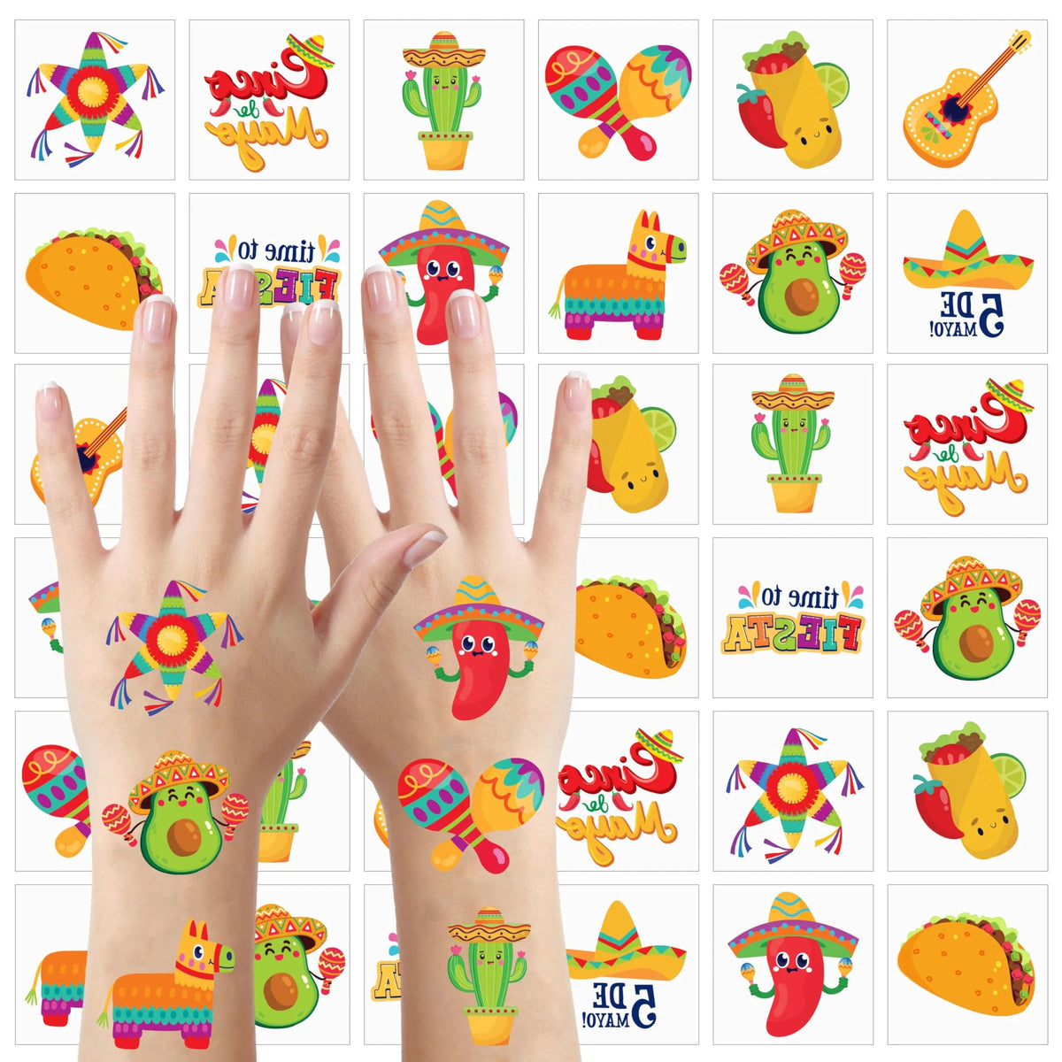 144 PCS Cinco de Mayo Temporary Tattoo Set for Mexican Themed Party
