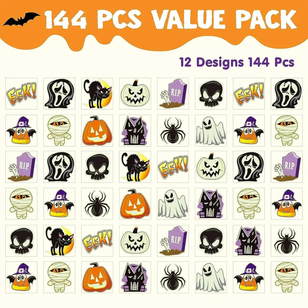 144 PCS Halloween Glowing Temporary Tattoos for Kids, 12 Luminous Designs