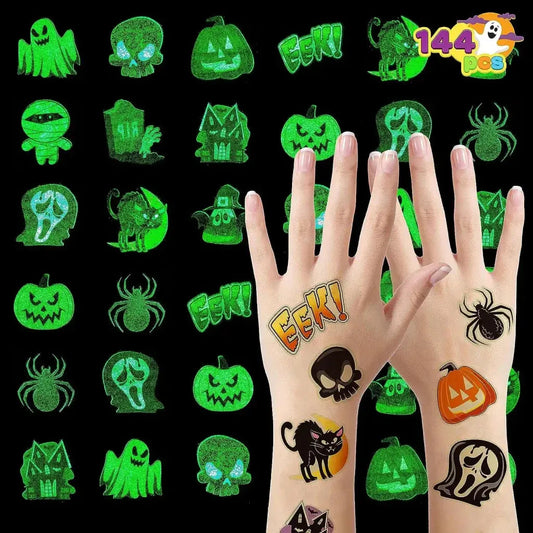 144 PCS Halloween Glowing Temporary Tattoos for Kids, 12 Luminous Designs