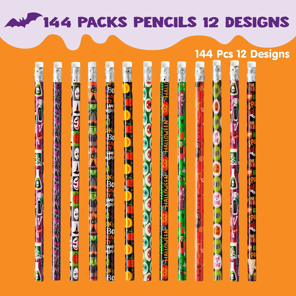 144 Pack Halloween Pencils with Erasers, 12 Unique Designs