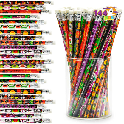 144 Pack Halloween Pencils with Erasers, 12 Unique Designs