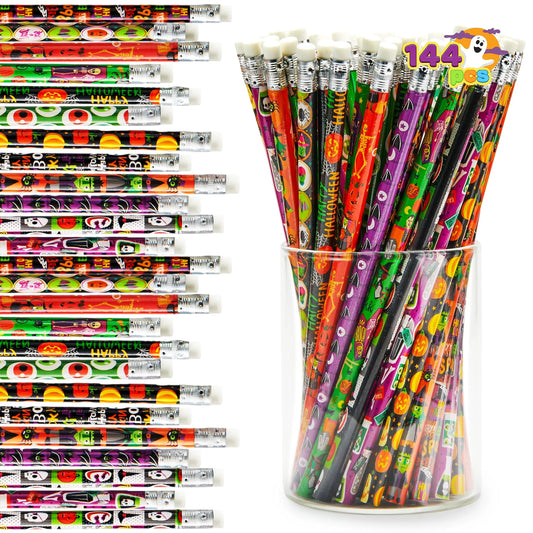 144 Pack Halloween Pencils with Erasers, 12 Unique Designs