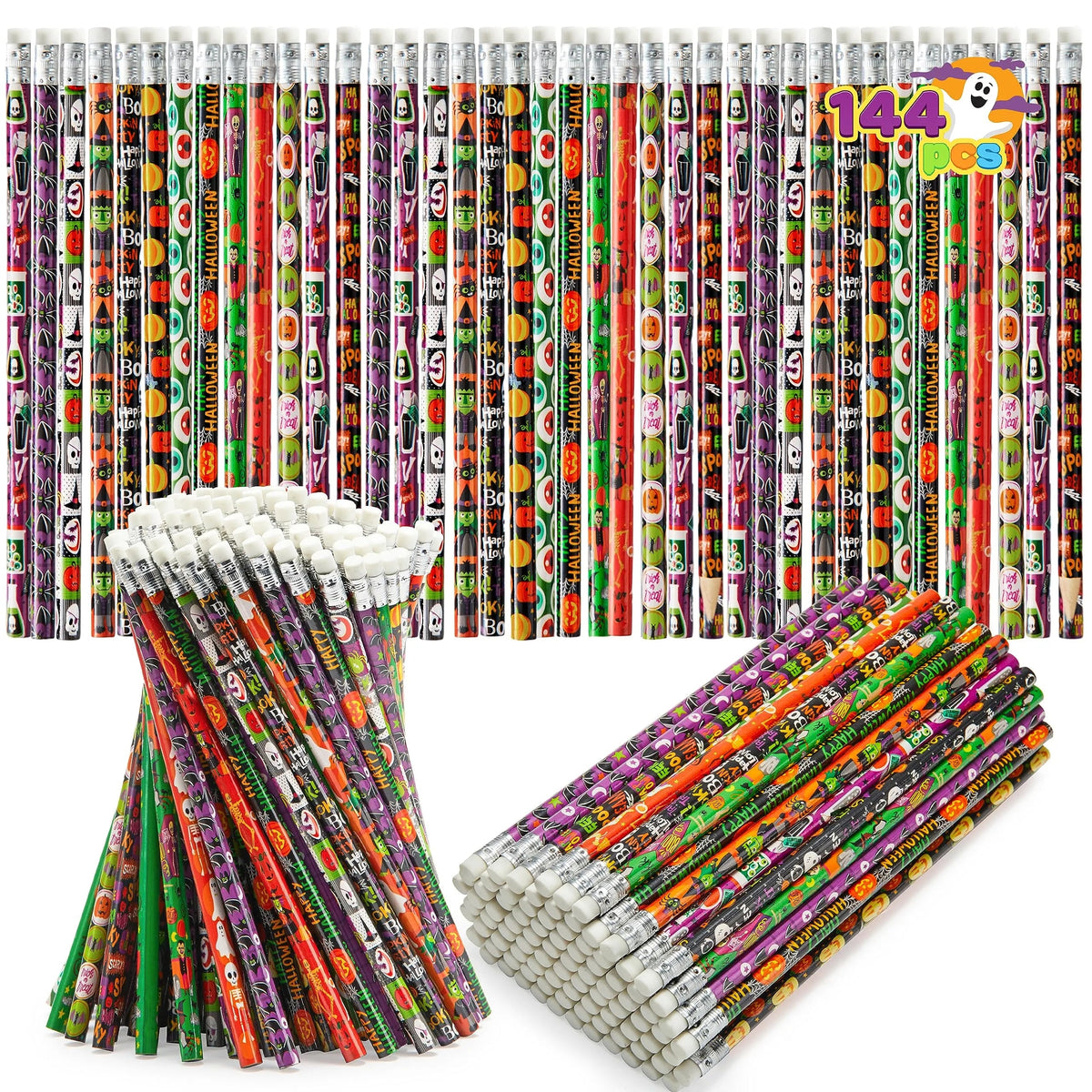 144 Pack Halloween Pencils with Erasers, 12 Unique Designs