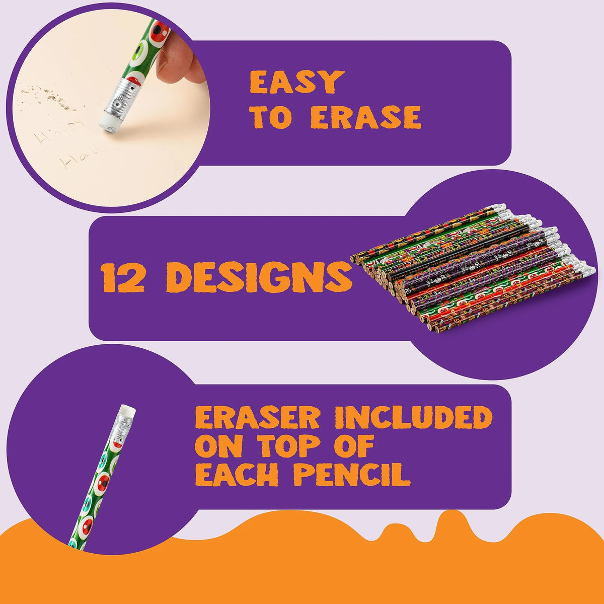144 Pack Halloween Pencils with Erasers, 12 Unique Designs